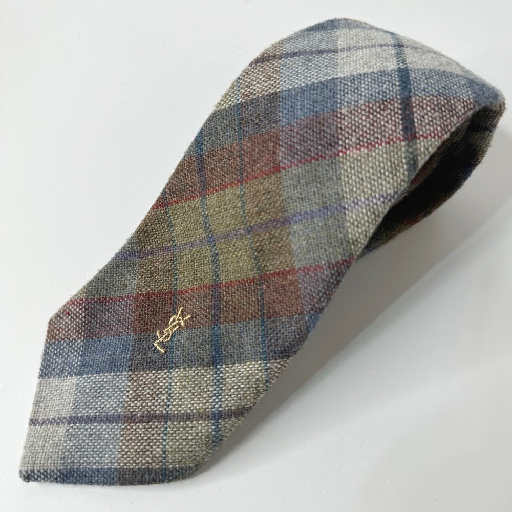 Vtg Yves Saint Laurent Neck Tie Heather Mist Plaid Wool Blend Italy YSL Logo